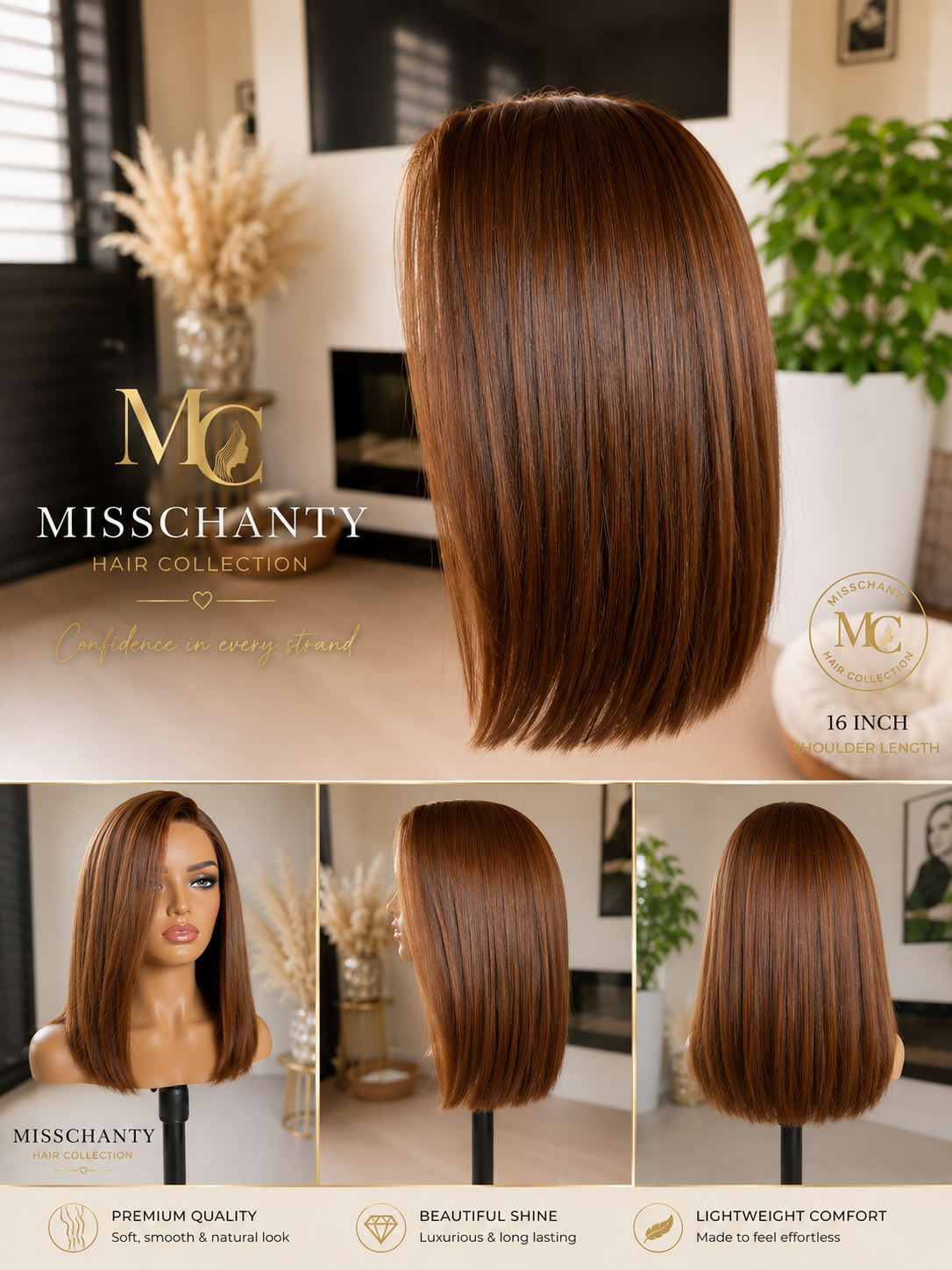 Luxe Steil Lace Front Pruik – Kastanjebruin | 16 Inch | Schouderlengte