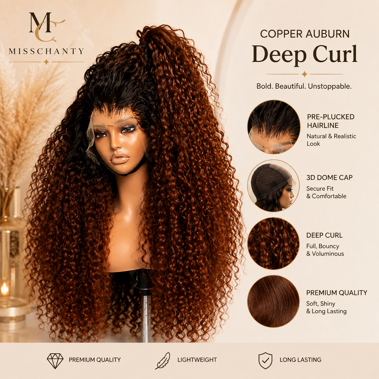 Copper Auburn Deep Curl Lace Front Wig  28 inch (300% density!) (Binnenkort online)