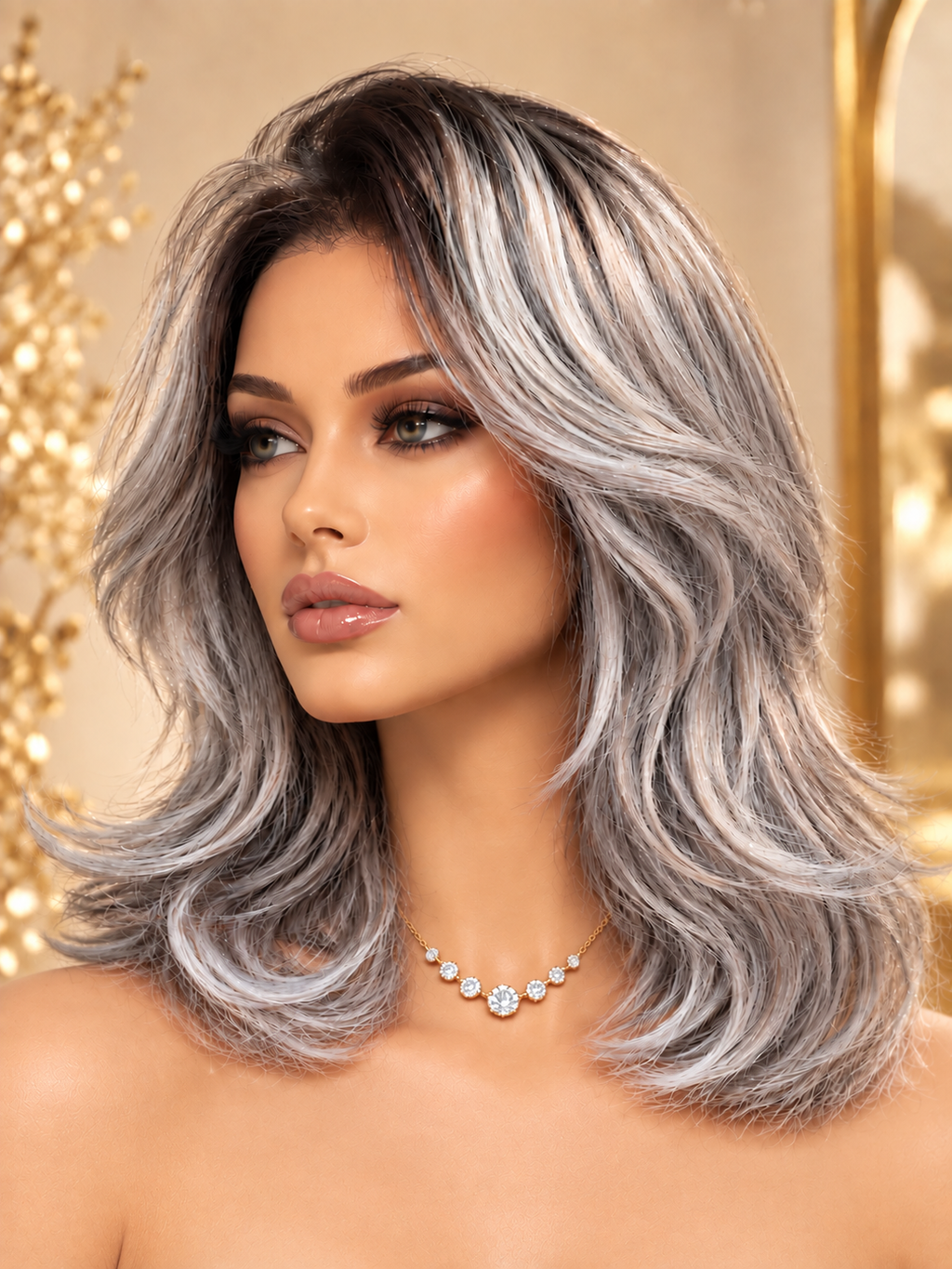 Silver Mist – zilvergrijze pruik met donkere aanzet
 14 inch